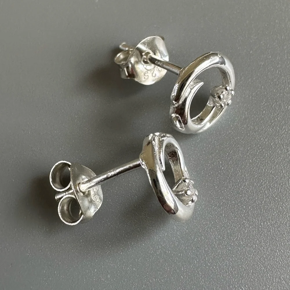 Sterling Silver Crescent Moon Tiny Stud Earrings with CZ 8mm